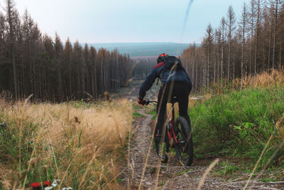 Rear view of man riding bicycle on field