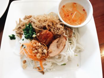 Close-up of food served on table