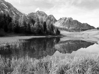 Scenic view of lake and mountains against sky