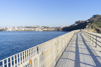 Panoramic view of sea against clear blue sky