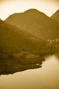 Scenic view of mountains against sky during sunset