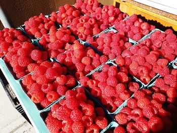 High angle view of strawberries