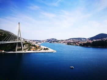 View of suspension bridge over river