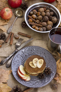 High angle view of breakfast on table