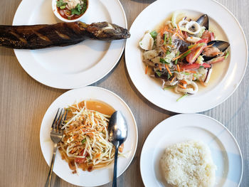 High angle view of meal served on table