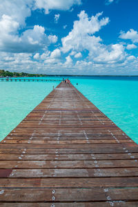 Pier over the wonderful turquoise water in the bacalar lagoon, mexico