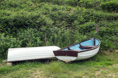 Boat moored on field