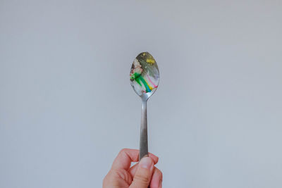 Person holding ice cream cone against white background