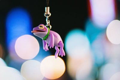 Close-up of frog toy hanging against defocused lights