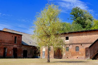 Old building by trees against blue sky