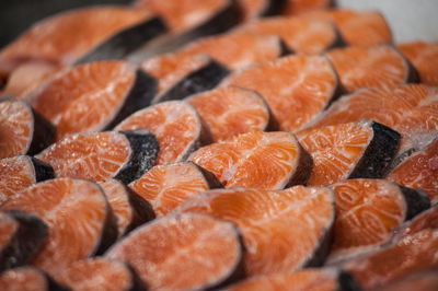 Salmon steaks for sale at fish market