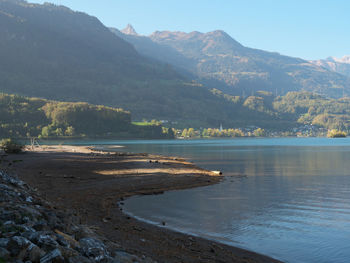 Scenic view of lake and mountains against sky