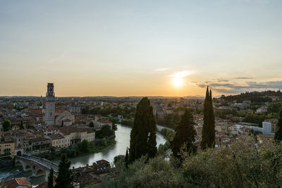 High angle view of city at sunset