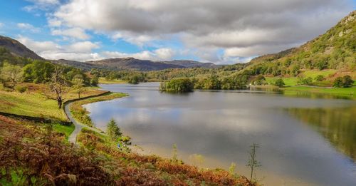 Scenic view of lake and mountains against sky