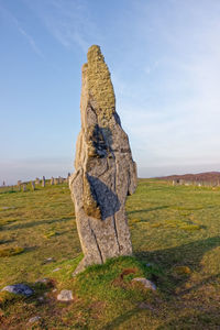 Rock formation on field against sky