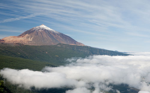 Scenic view of snowcapped mountains against cloudy sky