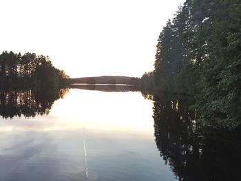 Reflection of trees in lake against clear sky