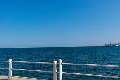 Scenic view of sea against clear blue sky