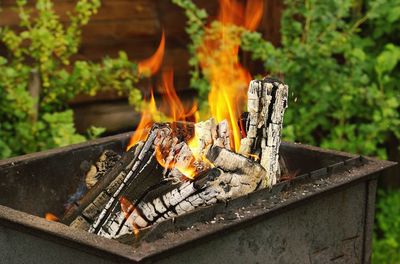 Close-up of fire on barbecue grill