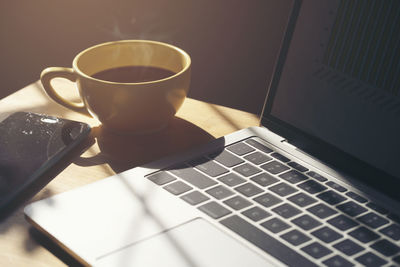 Close-up of coffee cup on table