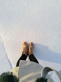 Low section of woman standing on snow covered field