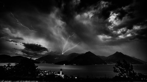 Scenic view of mountains against sky at night