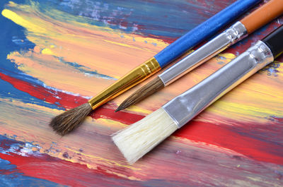 High angle view of multi colored pencils on table