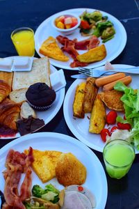 High angle view of breakfast served on table