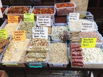 High angle view of various for sale at market stall