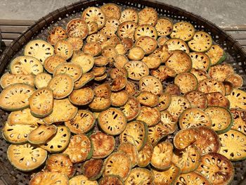 High angle view of meat in cooking pan