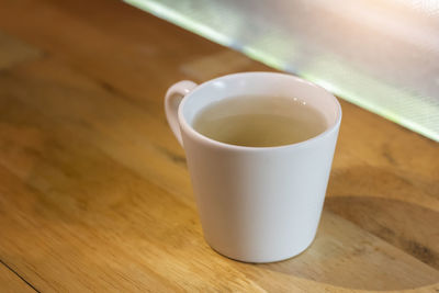 High angle view of tea cup on table