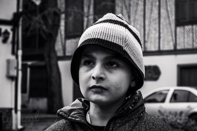 Close-up of boy in knit hat