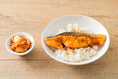 High angle view of food in plate on table