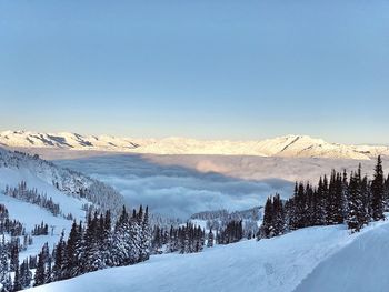 Scenic view of snow covered mountains against sky