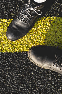 High angle view of black shoes on floor
