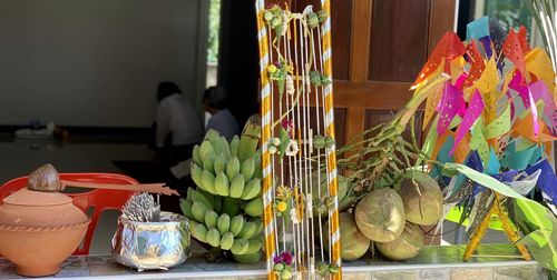 Various fruits and decorations on table