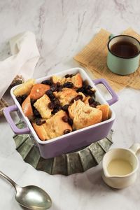 Close up cinnamon bread and butter pudding with raisins