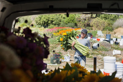 Portrait of woman carrying bunch of flowers seen through rear windshield