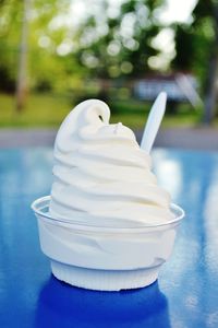 Close-up of ice cream in bowl on table