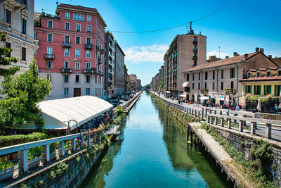 Daytime scenic view of naviglio paves canal full with restaurants, bars and people in milan