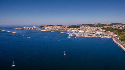 High angle view of sea against clear blue sky