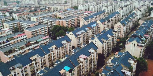 High angle view of buildings in city