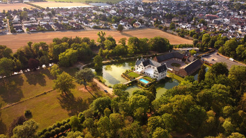 High angle view of trees and buildings in town