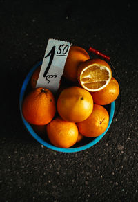 High angle view of fruits in bowl on table