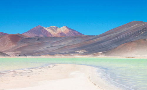 Scenic view of sea and mountains against clear blue sky