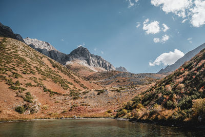 Scenic view of lake and mountains against sky