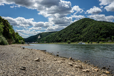 Scenic view of lake and mountains against sky