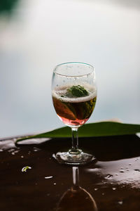 Close-up of beer in glass on table