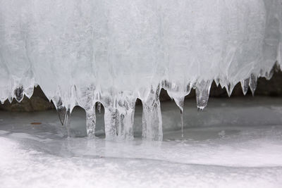 View of beautiful drawings on ice from cracks on the surface of lake teletskoye in winter, russia