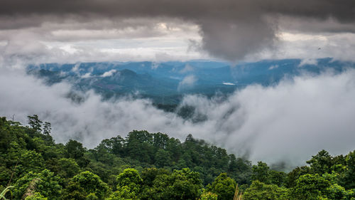 Scenic view of mountains against cloudy sky